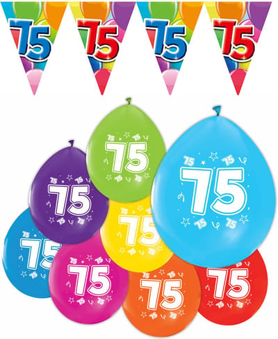 Feestpakket 75 jaar / 8 ballonnen en 1 vlaggenlijn 10 meter - Versiering Slinger Feestdecoratie Decoratie Verjaardag Jubileum Ballon Feest