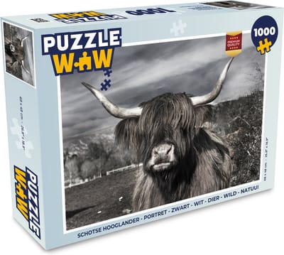 Puzzel Schotse hooglander - Portret - Zwart - Wit - Dier - Wild - Natuur - Legpuzzel - Puzzel 1000 stukjes volwassenen
