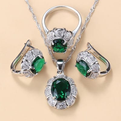 Bruidssieraden Sets Ketting en Oorbellen Voor Vrouwen Mode Bruiloft Groene Zirkonia Bedel Armband Ring 6