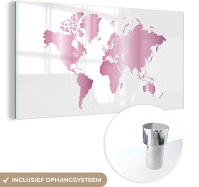 ® Glasschilderij 160x80 cm - Schilderij acrylglas - Wereldkaart - Roze - Schilderij - Foto op glas - Muurdecoratie woonkamer - Wanddecoratie slaapkamer - Schilderijen