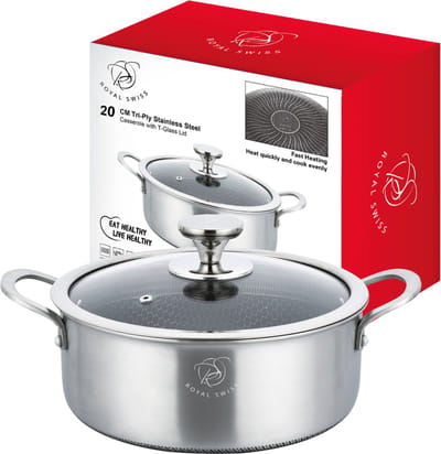 Braadpan 20 cm - Tri-Ply RVS Honingraat - Inductie Geschikt - PFAS-vrij - Met Glazen Deksel Royal Swiss®
