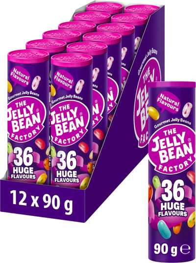 The Jelly Bean Factory 12 tubes jelly beans snoep voor kinderen - Verjaardag traktatie uitdeel cadeautjes - 36 verschillende smaken - koker à 90 g snoepgoed - Traktatie uitdeelcadeautjes - Snoepjes