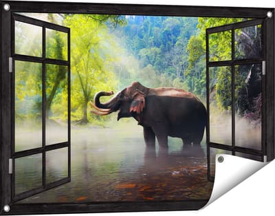 Gards Tuinposter Doorkijk Olifant in het Water - 90x60 cm - Tuindoek - Tuindecoratie - Wanddecoratie buiten - Tuinschilderij
