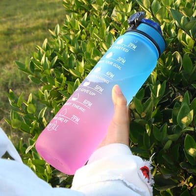 1L Waterfles Gradiëntkleur Motiverende Sportwaterfles met Tijdmarkering Lekvrije Beker voor Kantoor, Sportschool, Buiten 1.0L blauw