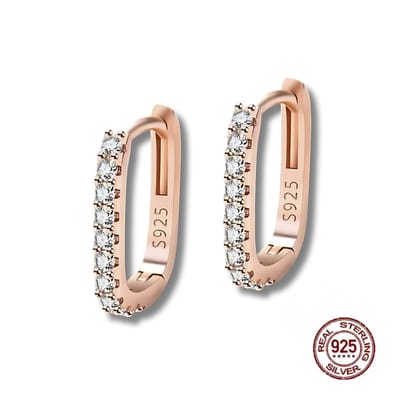 Oorringen - Oorbellen - 925 Sterling zilver - rosé goudkleurig - rechthoekig - zirkonia - klapsluiting - klein model