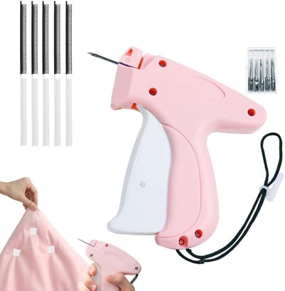 Textielpistool Starterset - 1000 Plastic Naalden - Labelmaker - Kleding Label Pistool - Aanschiettang - Aanschiettang Voor Kledinglabels - Snel Kledingfixeerapparaat - Textieltang - Geschikt Voor Het Naaien Van Quilts En Lakens - Roze