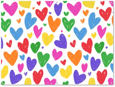 Tuinposter 160x120 cm - Tuindecoratie Hartjes - Patroon - Kleurrijk - Tekening - Poster voor in de tuin - Buiten decoratie - Schutting tuinschilderij - Tuindoek muurdecoratie - Wanddecoratie balkondoek