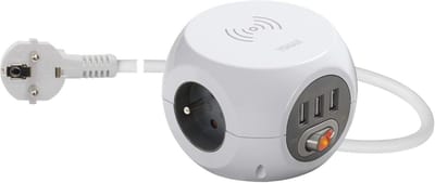 Meervoudig stopcontact - Verlengdoos met USB - Apparaten opladen - Met draadloze lader - 15 meter kabel - Wit