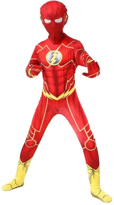 Superheldendroom - Snelheidsheld Kostuum – Rood‑Geel – Stretch - 104 (3/4 Jaar) - Verkleedkleding - Superheldenpak - Actieheld - Carnaval