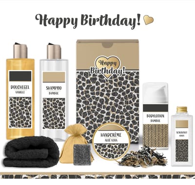 Geschenkset "Happy Birthday!" - 7 producten - 830 gram - Triomf Cosmetica | Giftset voor haar Luxe wellness cadeaubox Cadeau Vrouw Gift Set Gefeliciteerd Geschenk Feestje Jarige Cadeaupakket Speciaal voor jou Party Verjaardagscadeau Panter Zwart Goud