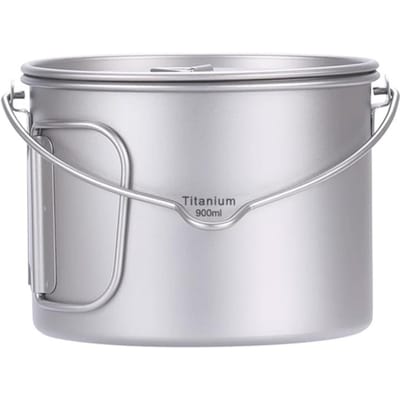 Pot de Camping en titane, Pot de randonnée avec couvercle et poignées pliantes pour Camping en plein air et randonnée 0.9L white