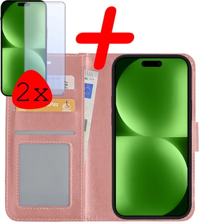 Hoesje Met 2x Screenprotector - Geschikt voor Apple iPhone 15 - Luxe Pasjeshouder - Bookcase Portemonee - Flip Case - Kunstleer Book Case - Flipcase Hoes - Book Cover - Walletcase - Portemonneehoes - Rosé goud