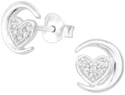 Joy|S - Zilveren maan met hartje oorbellen - 8 mm - zirkonia - oorknoppen