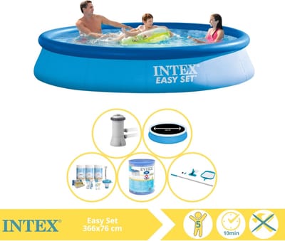 Intex Rond Opblaasbaar Easy Set Zwembad - 366 x 76 cm - Blauw - Inclusief Pomp - Solarzeil - Onderhoudspakket - Filter - Schoonmaakset - 6-delig