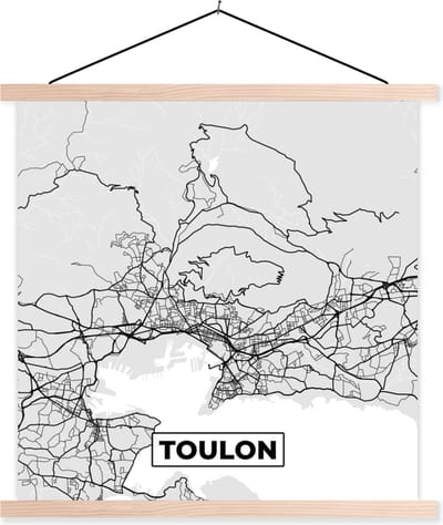 Posterhanger incl. Poster 40x40 cm - Schoolplaat - Toulon - Frankrijk - Plattegrond - Kaart - Stadskaart - Textielposter - Blanke latten - Stadskaart
