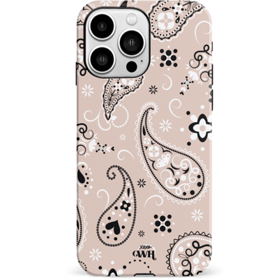 xoxo Wildhearts Paisley Dawn Nude - Double Layer - Hard case hoesje geschikt voor iPhone 14 Pro hoesje - Print met bloemen en hartjes - Beschermhoes geschikt voor iPhone 14 Pro case met print - beige / zwart