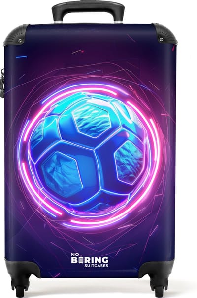 NoBoringSuitcases.com® - Kinderkoffer jongen - Kindertrolley jongens - Voetbal in blauwe neon kleur - Handbagage koffer lichtgewicht - Reiskoffer trolley - Rolkoffer met wieltjes - Past binnen 55x40x20 en 55x35x25