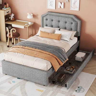 SINGULARITY-Gestoffeerd bed 90 x 200 cm vlak bed- nachtkastje bekleed met decoratieve klinknagels- dubbele lades- grijs- zonder matras