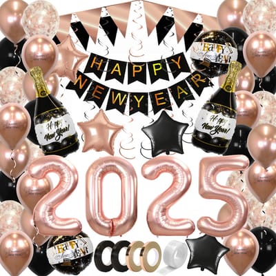 Happy New Year Oud En Nieuw Versiering 2025 Nieuw Jaar Feest Artikelen Decoratie Helium Ballonnen Rose Goud – 72 Stuks