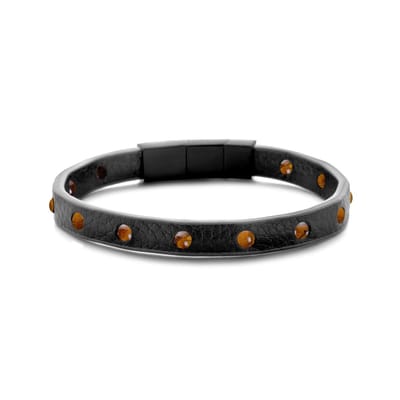 Frank 1967 7FB-0540 Leren Armband - Heren - Tijger Oog Kralen - 4 mm Doorsnee - 8 mm Breed - Leder -21 cm - Extra Schakel in Slot - Donker Bruin