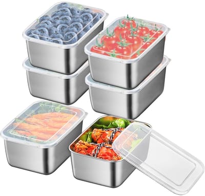Daity 6-Pack - snackbox van roestvrij staal - Kleine voedselcontainers met deksels - snackboxen voor onderweg - Serveerschaalset (316L)