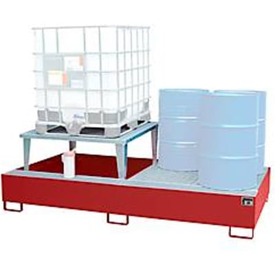 Opvangbak Bauer AWA 21, staal, rood, L 2650 x B 1460 x H 863 mm, 1000 l, voor 2 x 1000 l IBC, 1 vulstuk, 1 rooster