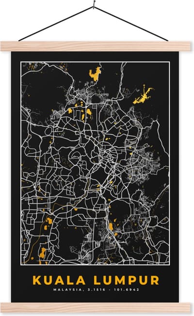 Posterhanger incl. Poster 40x60 cm - Schoolplaat - Kuala Lumpur - Stadskaart - Plattegrond - Goud - Kaart - Textielposter - Blanke latten - Stadskaart