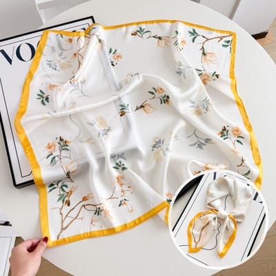 Dames Sjaal - Sjaals - Stola - Vierkante doek - Elegant Stijlvol Dames haar sjaal - Satijn zijde - Hals sjaaltje - Sjaaltje Satijn - Neksjaaltje - Omslagdoek Modesjaals - Neksjaal - Klein Sjaaltje -Zelandine boom - witte gele kant-70*70CM