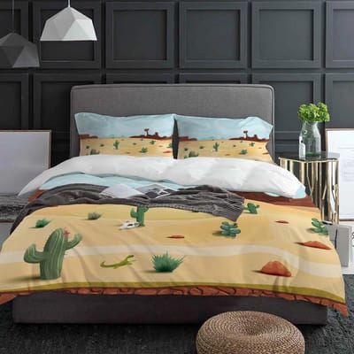 Cartoon Cactus Woestijn Beddengoed Set 3 stuks Jongens Meisjes Dekbedovertrek Kussensloop Kinderen Volwassenen Dekbedovertrek Tweepersoons Bed Set Hometextiel AU Single(140x210cm)