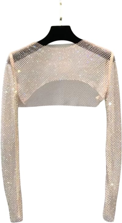 Glitter Mesh Top Dames – Strass Net Shirt, Transparante Lange Mouw Zomer Cover-Up, Glitter Top Dames Party & Festival Kleding met Pailletten - Khaki