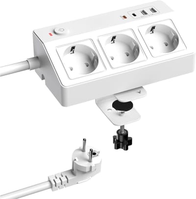 StayPowered Stekkerdoos - Snel Opladen & Altijd Aansluiting - 3-Voudig Stopcontact - USB-C PD 20W - 2× USB-A - Overspanningsbeveiliging - Tafelmontage zonder Boren - 2 m Kabel - Wit - Levering Sneller dan Aangegeven!
