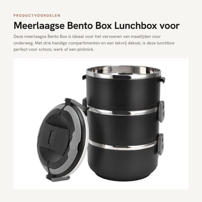 Dailygoods- Lunchbox Meerlaagse - Bento Box - Stapelbare Lunchbox - Lekvrij - Draagbaar Handvat - Roestvrij Staal - 3 Lagen
