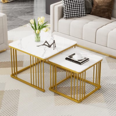 2-delige Set Vierkante Salontafels - Hoogglans Marmor Optiek - Set van 2 Tafels met Gouden Poten - Multifunctioneel - 60x60x45 cm en 45x45x40 cm