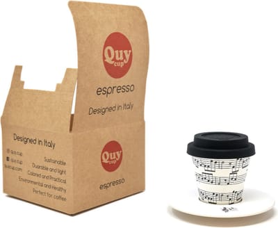 Quy Cup - 90ml Ecologische Reis Beker - Espressobeker “Opera” met schotel en Zwarte Siliconen deksel Set 1 Espresso Cup with Dish
