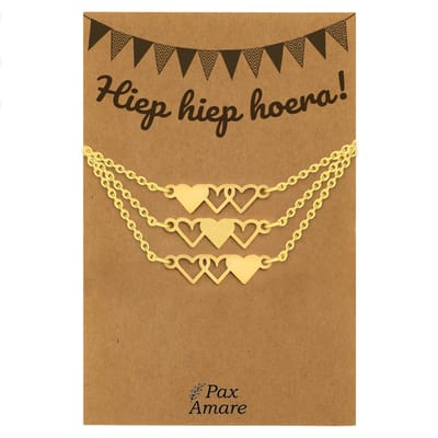 BFF Ketting voor 3 'Hiep Hiep Hoera' - Hartjes - Vriendschapsketting op Cadeau Kaartje - 45cm + 5cm verstelbaar - Goudkleurig - Verjaardags Hanger - Pax Amare