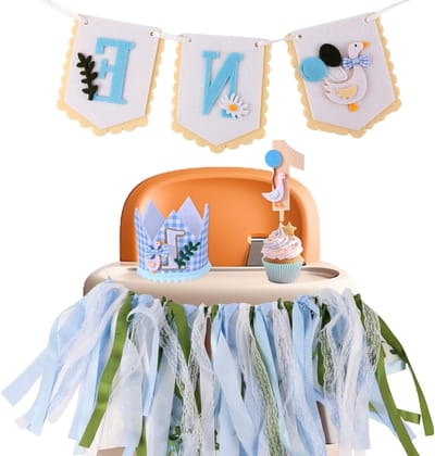 Eerste Verjaardag Feestdecoratie Set, Kinderstoel Hoed en Taarttopper met Gans Motief voor Jongens en Meisjes, Perfect voor Verjaardagsfeestjes en Thematische Feesten