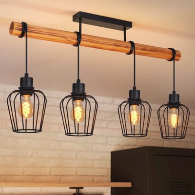 NETTLIFE Vintage Plafondlamp – Hout & Metaal – Zwart – 4-lichts Industrieel – Voor Gang Keuken Woonkamer Eetkamer – Zonder Lamp