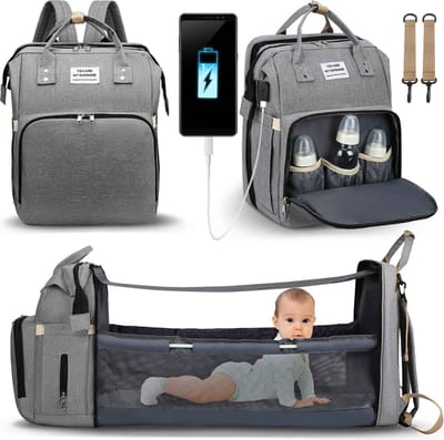 Luier- en Verzorgingstas - Baby Rug Tas met bed -  Reis Rugzak - Grote Capaciteit - Jongens en Meisjes - Grijs - luier tas - verzorgingstas baby - Uitschuifbaar Verschoon/ Slaap bedje –  Multifunctionele Rugzak 0-1 jaar – Grijs