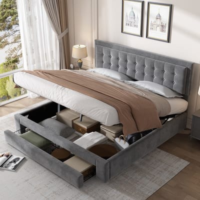 Sweiko Tweepersoonsbed - 180 x 200 cm - Gestoffeerd hoofdeinde - Opbergruimte - 2 lades - Velvet - Grijs