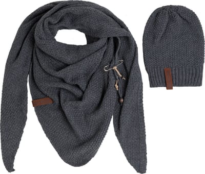 Knit Factory 2-delige Dames Winterset - Coco Omslagdoek - Coco Beanie - Set met sjaal en muts voor dames - Antraciet
