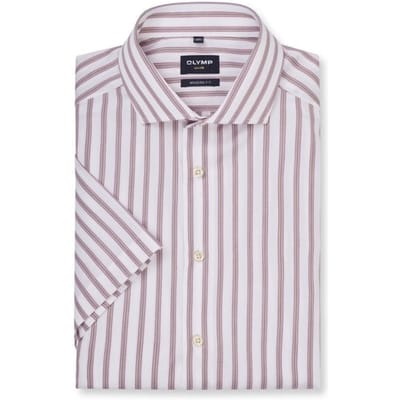 OLYMP Luxor modern fit overhemd - korte mouw - popeline - wit met roze blauw en bruin gestreept - Strijkvrij - Boordmaat: 40 (EU maat: M)