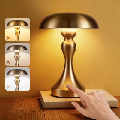 Glitzerlife - Tafellamp Draadloos Oplaadbaar LED Tafellamp - Touch Dimbaar Bedlampje Vintage Retro - 3 Lichtkleuren 3000-6500K - IJzer Design - Ø22 cm - Goud Brons