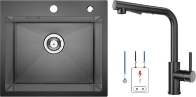 CECIPA max Spoelbak Keuken 50x45cm - Spoelbakken met Lage druk Keukenkraan Met Uittrekbare Uitloop - Enkele spoelbak - Gootsteen voor Roestvrij staal - Spoelbakken met afdruip