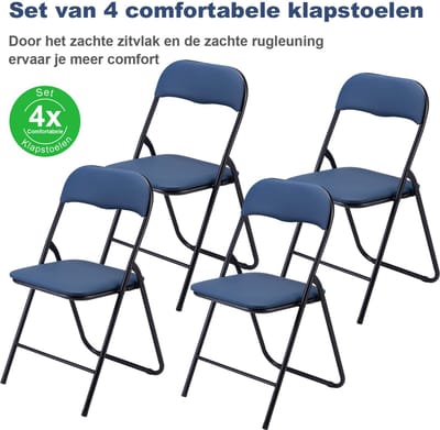 BARDI Set van 4 - Klapstoel - Vouwstoel - Opvouwbare Stoel - Comfortabel & Lichtgewicht - 100kg draagkracht - 43 x 38 x 87 cm - PVC - Eettafelstoel - BLAUW