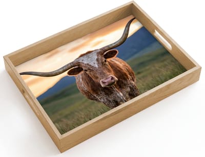 Dienblad hout 40x30 cm - Schootdienblad - Longhorn - Landschap - Zonsondergang - Borrelplank rechthoek - Plateau dienbladen