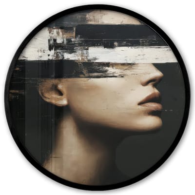 Poster in lijst Rond - Fotolijst 40x40 cm - Posters - Gezicht - Vrouw - Zwart - Abstract - Ronde posterlijst zwart - Decoratie - Wanddecoratie woonkamer - Muurdecoratie slaapkamer