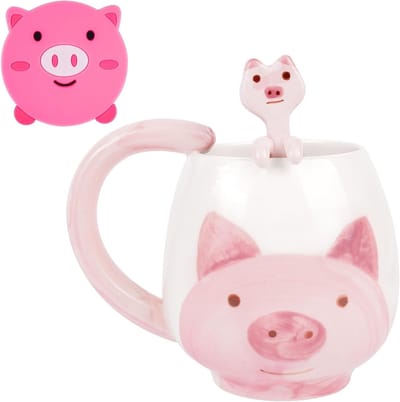 Schattige keramische koffiemok van 400 ml met lepel en varkensonderzetters, leuk cadeau voor koffie- en theeliefhebbers, perfect voor verjaardagen en feestdagen