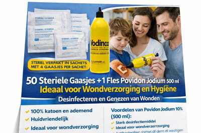 50 Steriele gaasjes - 20x20 gevouwen 10x10 cm - Inclusief fles Jodium