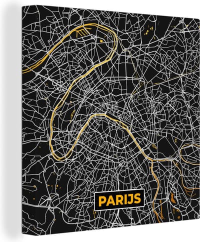 Canvas Schilderij Kaart - Parijs - Stadskaart - Goud - Plattegrond - 20x20 cm - Wanddecoratie