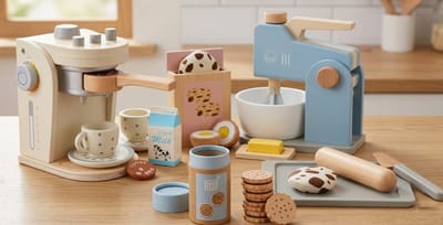 New Classic Toys - Houten speelgoedkoffiezetapparaat + Small Foot - Houten Mixer Set & doosje met speelgoedkoekjes